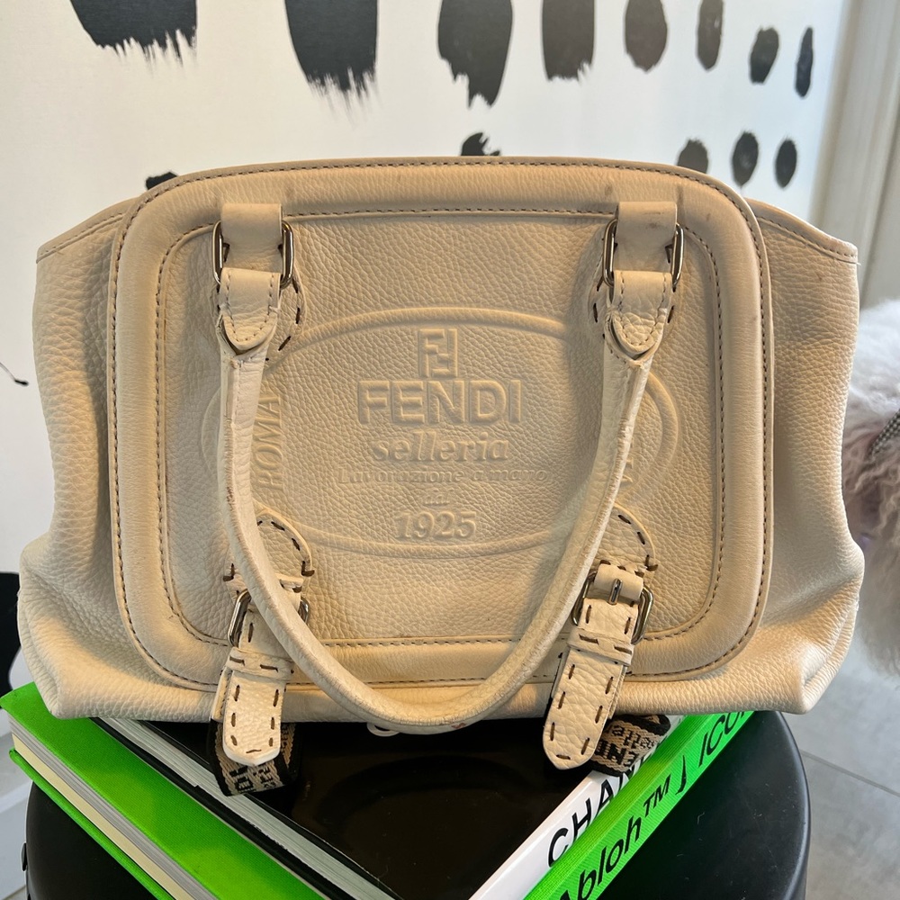 FENDI WHITE BAG with silver hardware, beige linen interior & denim accent straps